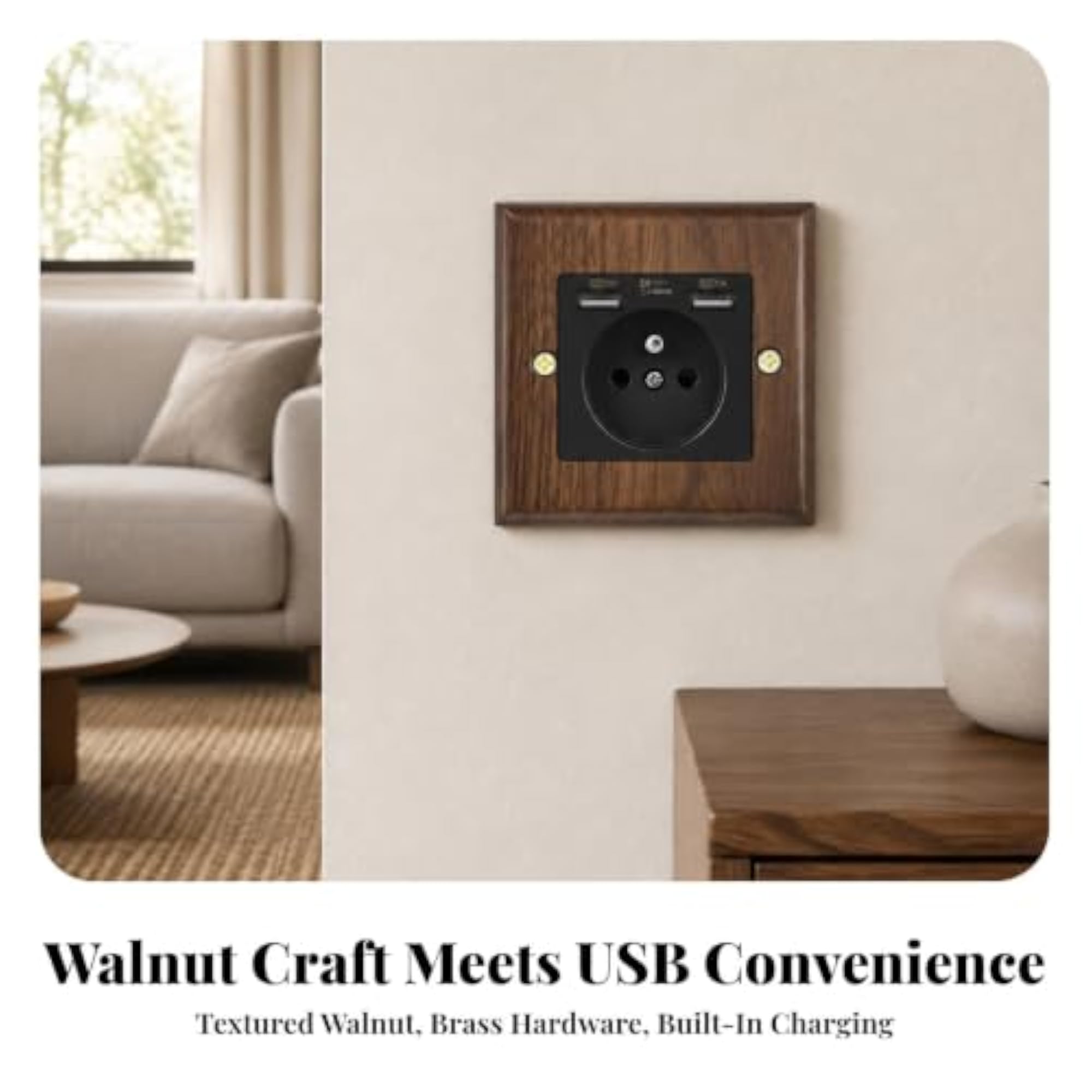 Walnut Finish Electrical Faceplate, Retro Design Aesthetic